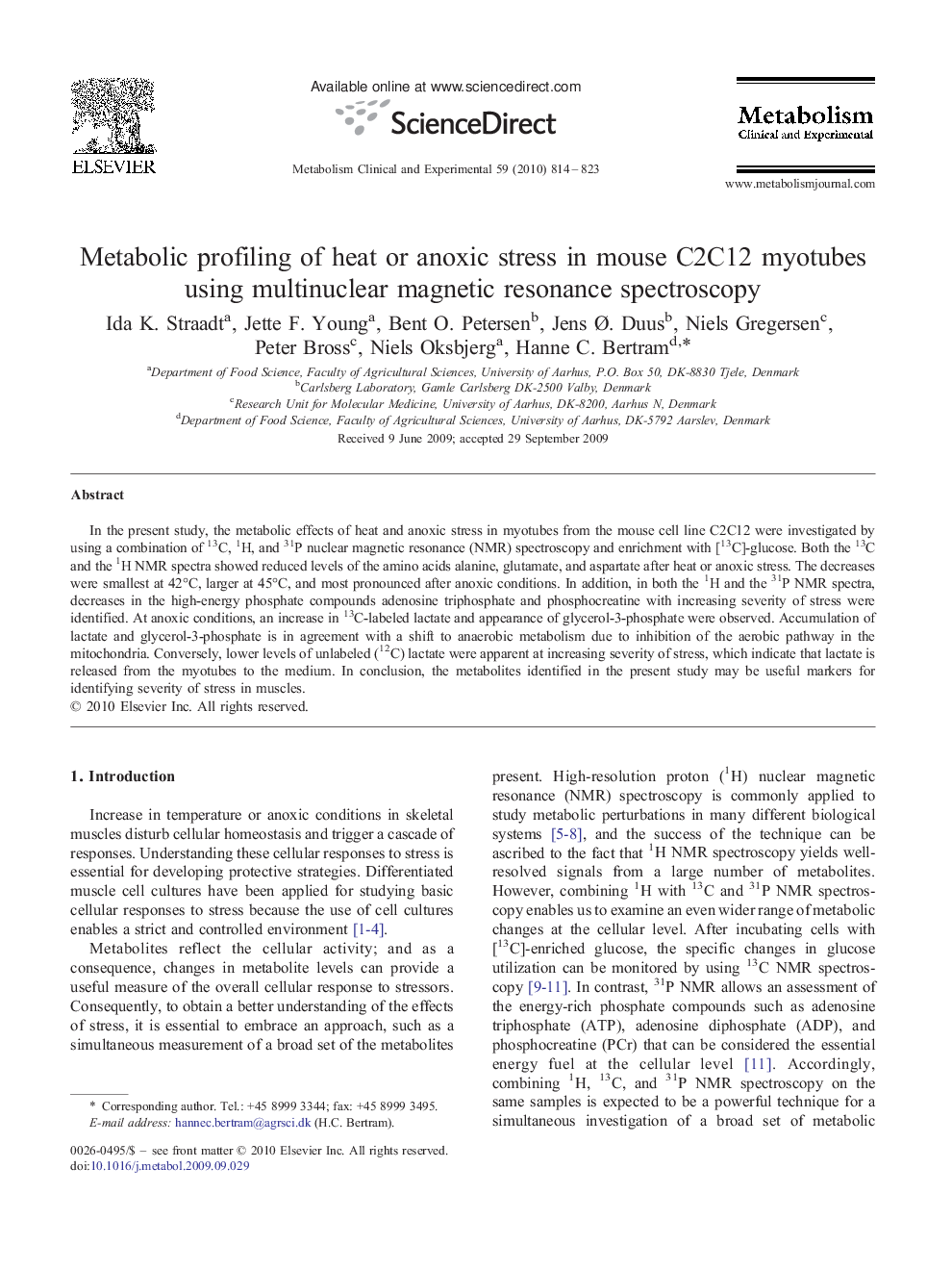 Metabolic profiling of heat or anoxic stress in mouse C2C12 myotubes using multinuclear magnetic resonance spectroscopy