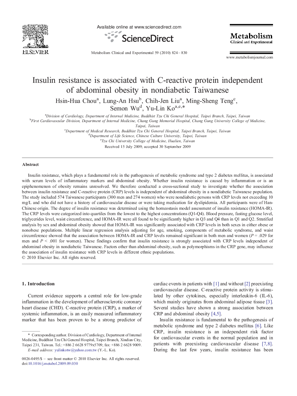 Insulin resistance is associated with C-reactive protein independent of abdominal obesity in nondiabetic Taiwanese