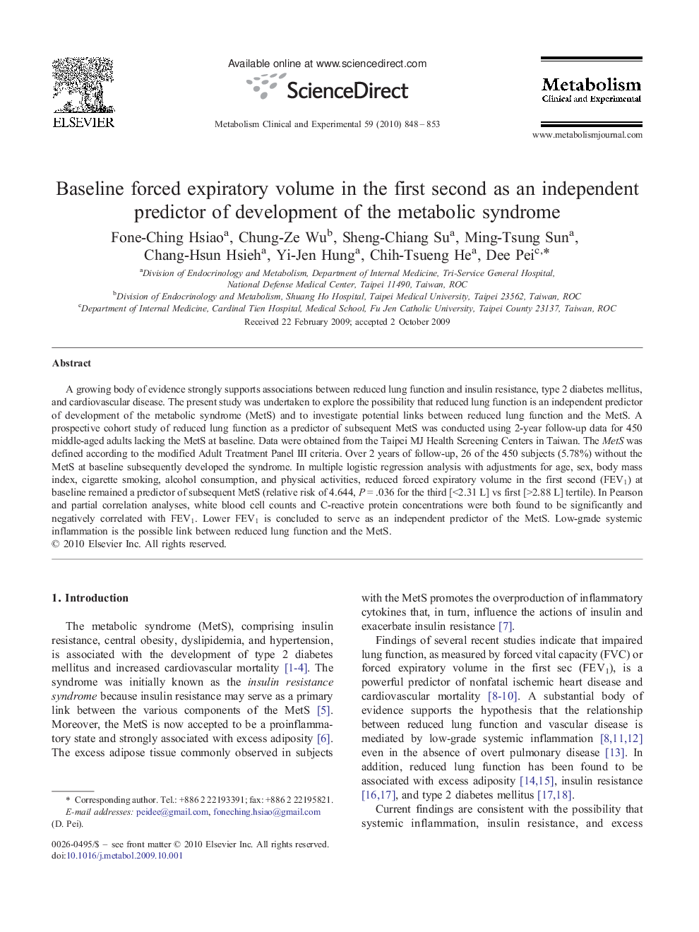 Baseline forced expiratory volume in the first second as an independent predictor of development of the metabolic syndrome