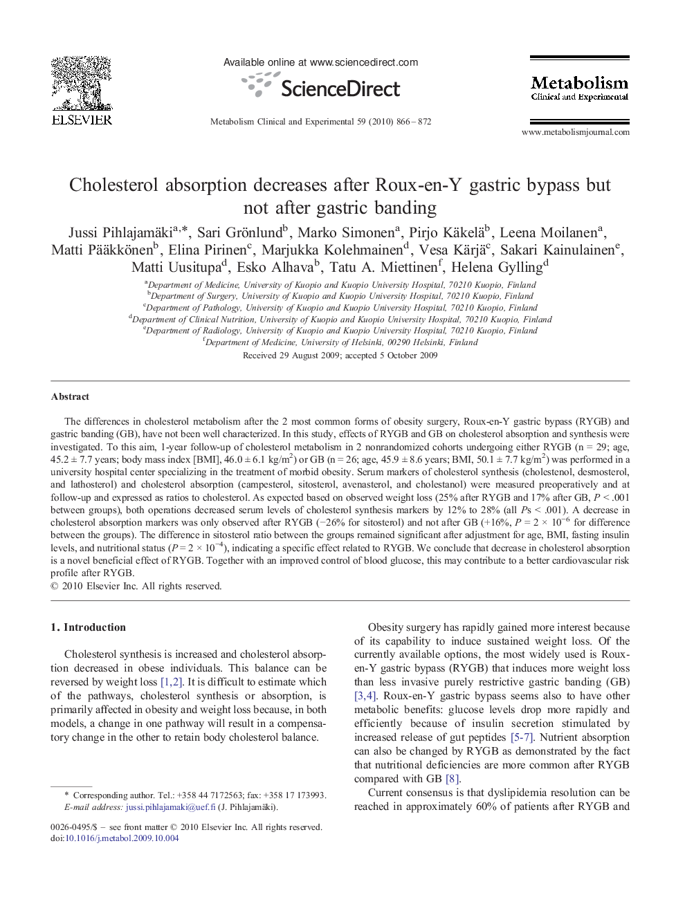 Cholesterol absorption decreases after Roux-en-Y gastric bypass but not after gastric banding