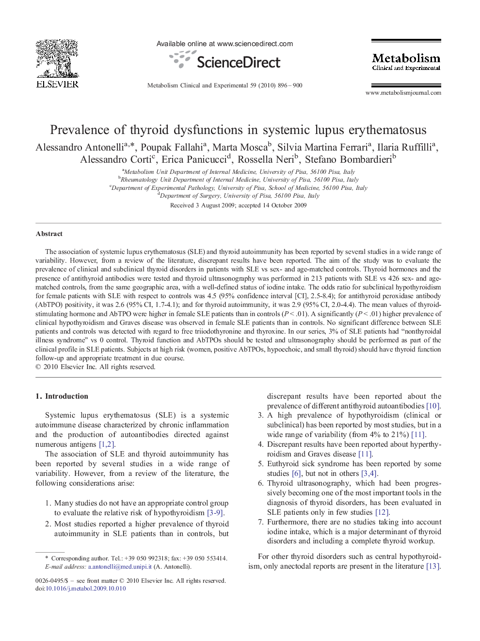 Prevalence of thyroid dysfunctions in systemic lupus erythematosus