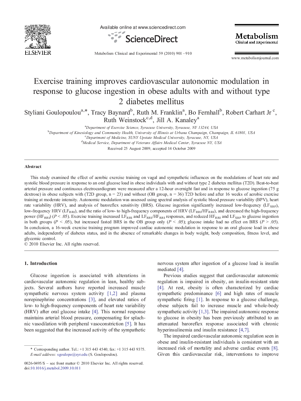 Exercise training improves cardiovascular autonomic modulation in response to glucose ingestion in obese adults with and without type 2 diabetes mellitus