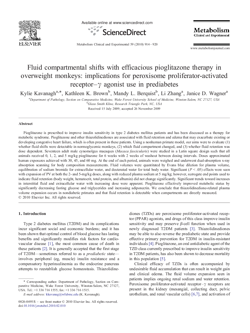Fluid compartmental shifts with efficacious pioglitazone therapy in overweight monkeys: implications for peroxisome proliferator-activated receptor–γ agonist use in prediabetes