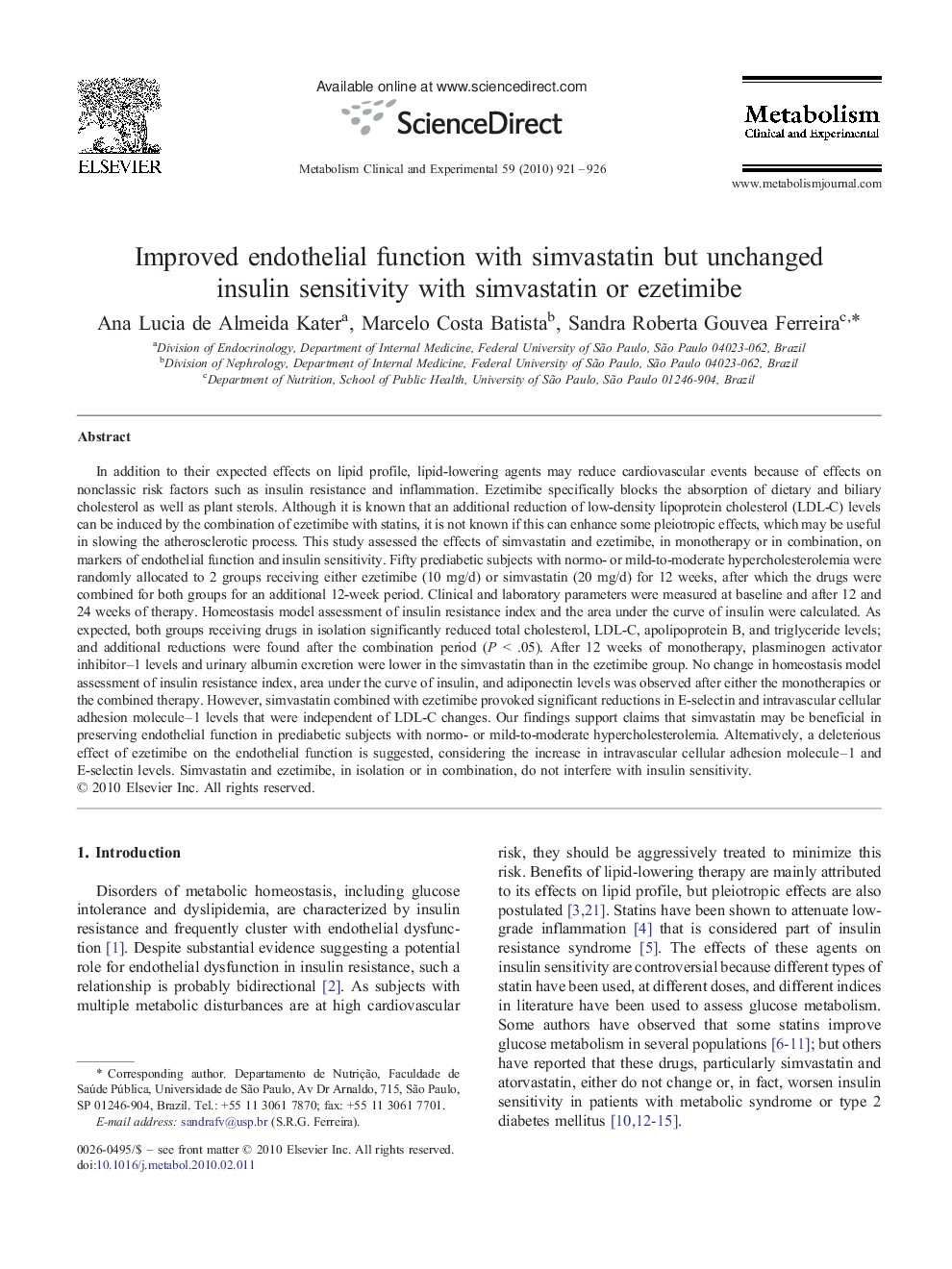 Improved endothelial function with simvastatin but unchanged insulin sensitivity with simvastatin or ezetimibe
