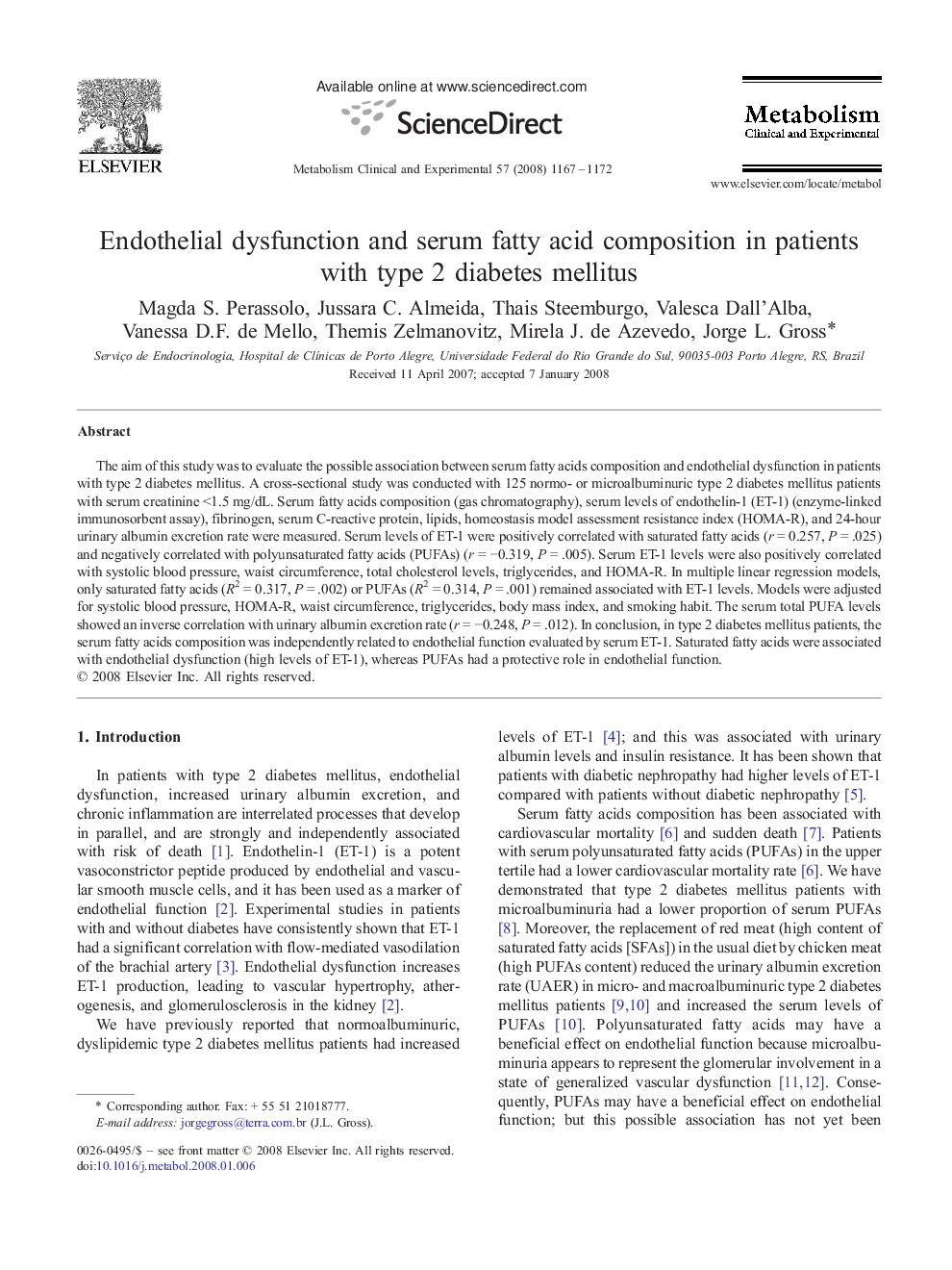 Endothelial dysfunction and serum fatty acid composition in patients with type 2 diabetes mellitus