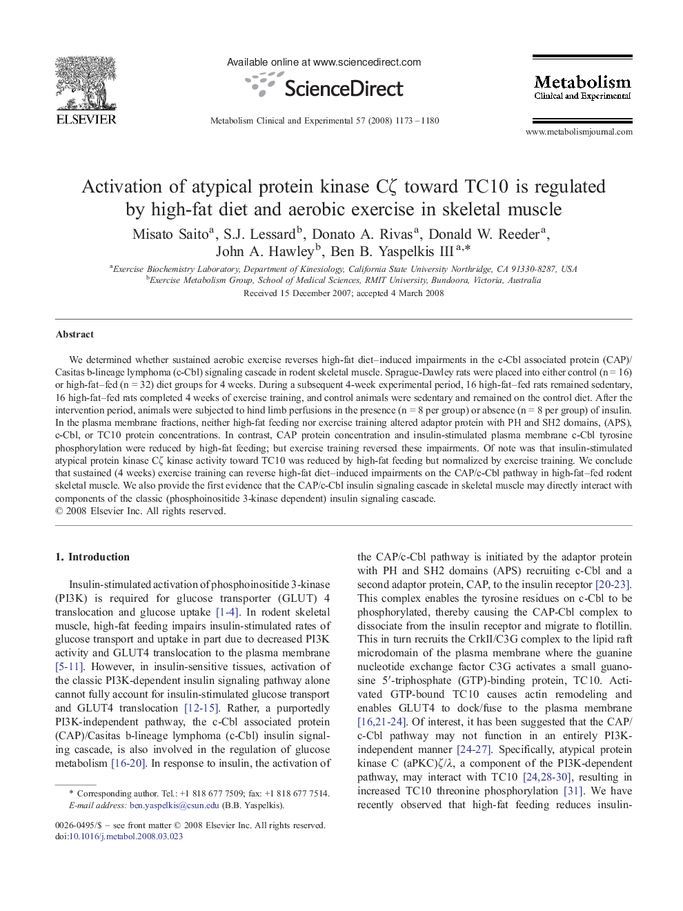 Activation of atypical protein kinase Cζ toward TC10 is regulated by high-fat diet and aerobic exercise in skeletal muscle