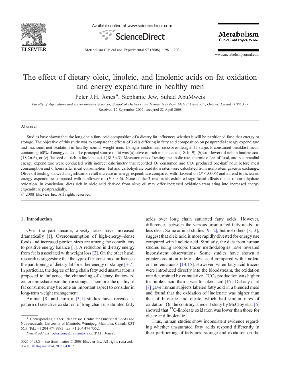 The effect of dietary oleic, linoleic, and linolenic acids on fat oxidation and energy expenditure in healthy men