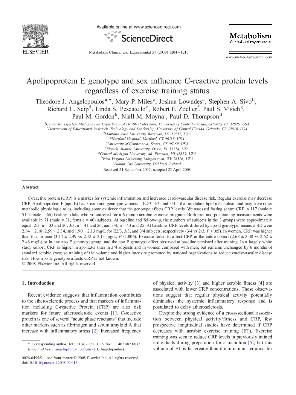 Apolipoprotein E genotype and sex influence C-reactive protein levels regardless of exercise training status