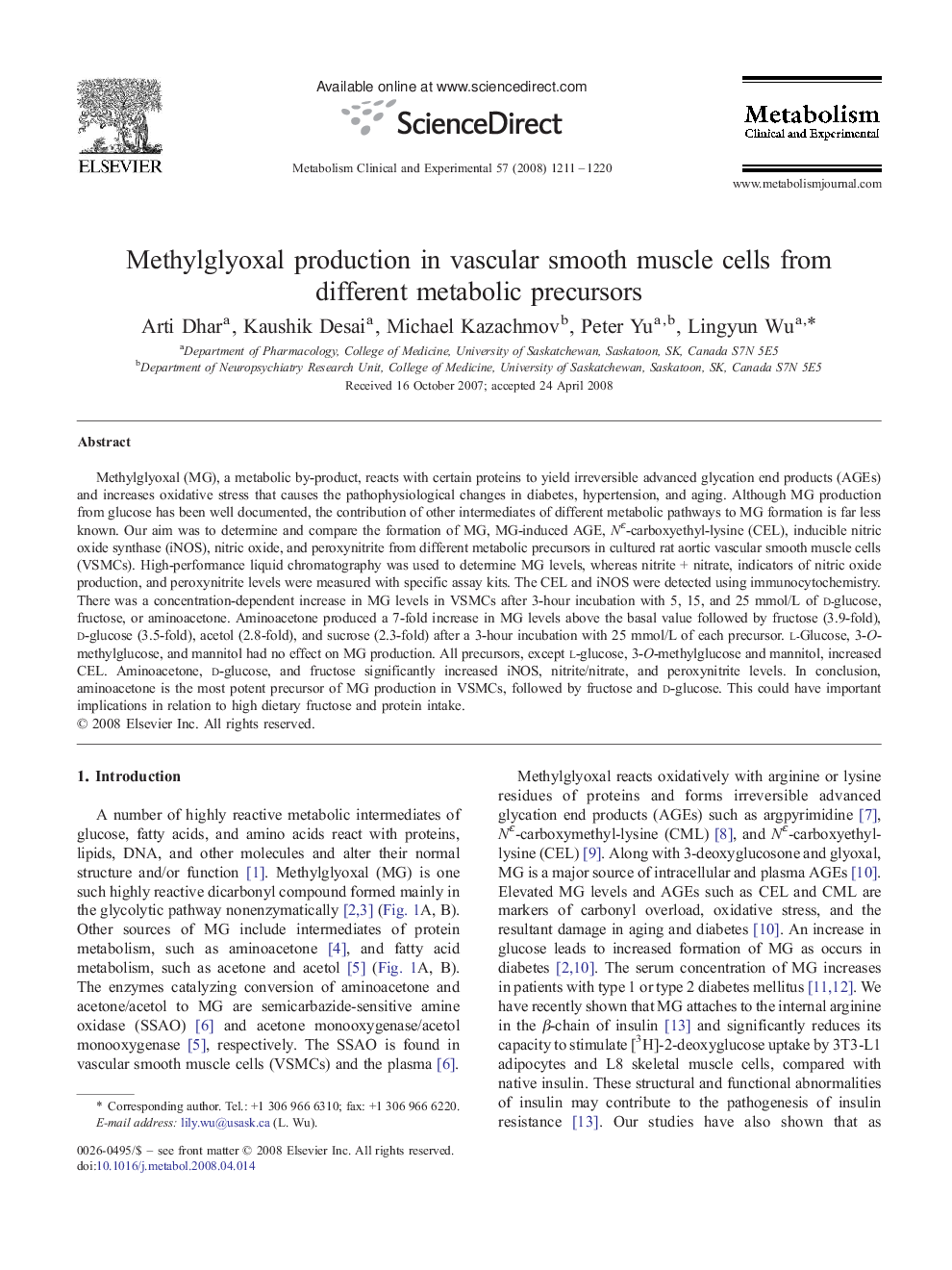 Methylglyoxal production in vascular smooth muscle cells from different metabolic precursors