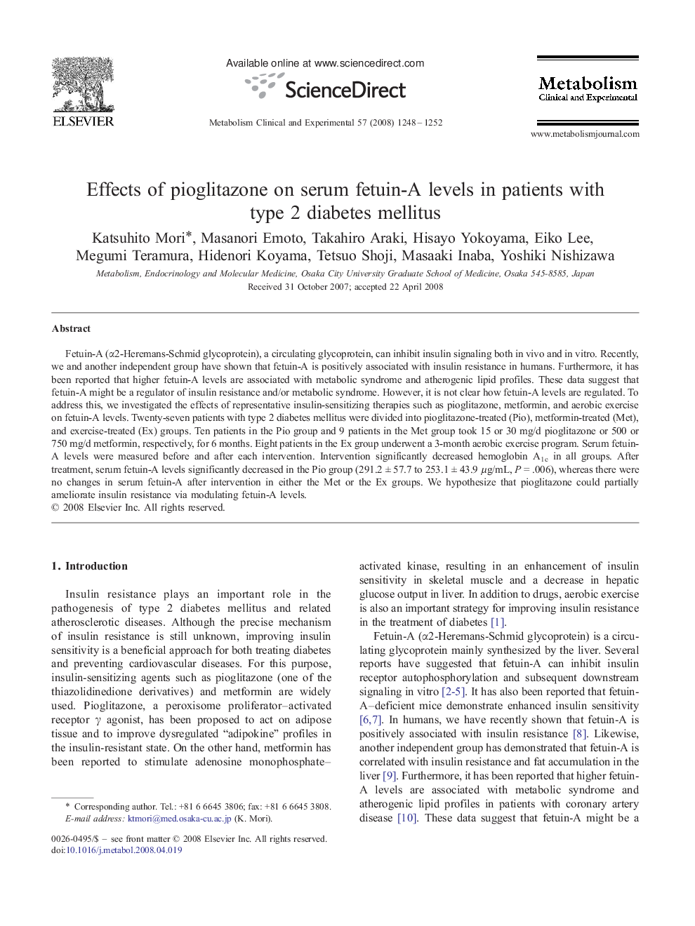 Effects of pioglitazone on serum fetuin-A levels in patients with type 2 diabetes mellitus