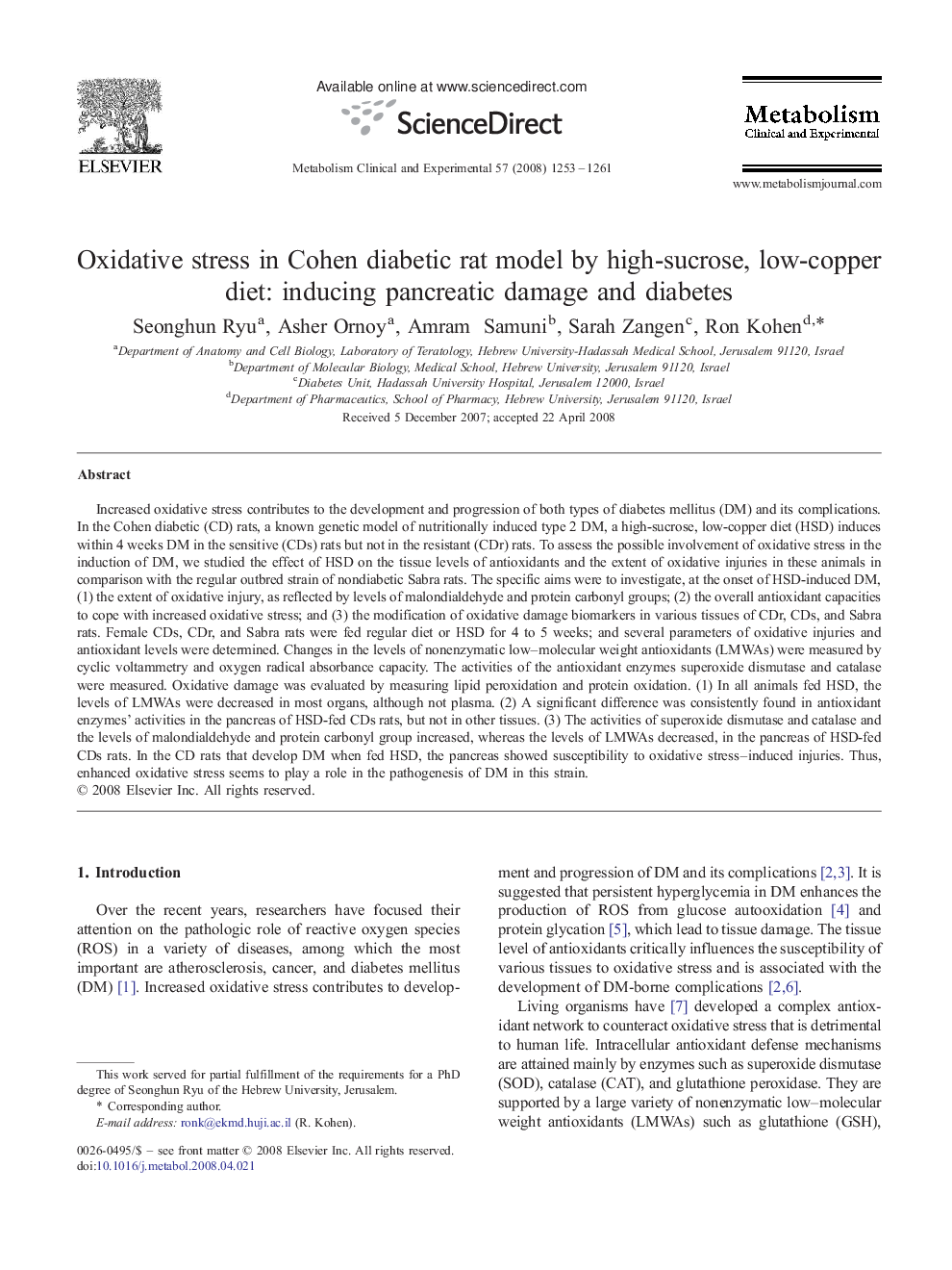 Oxidative stress in Cohen diabetic rat model by high-sucrose, low-copper diet: inducing pancreatic damage and diabetes 