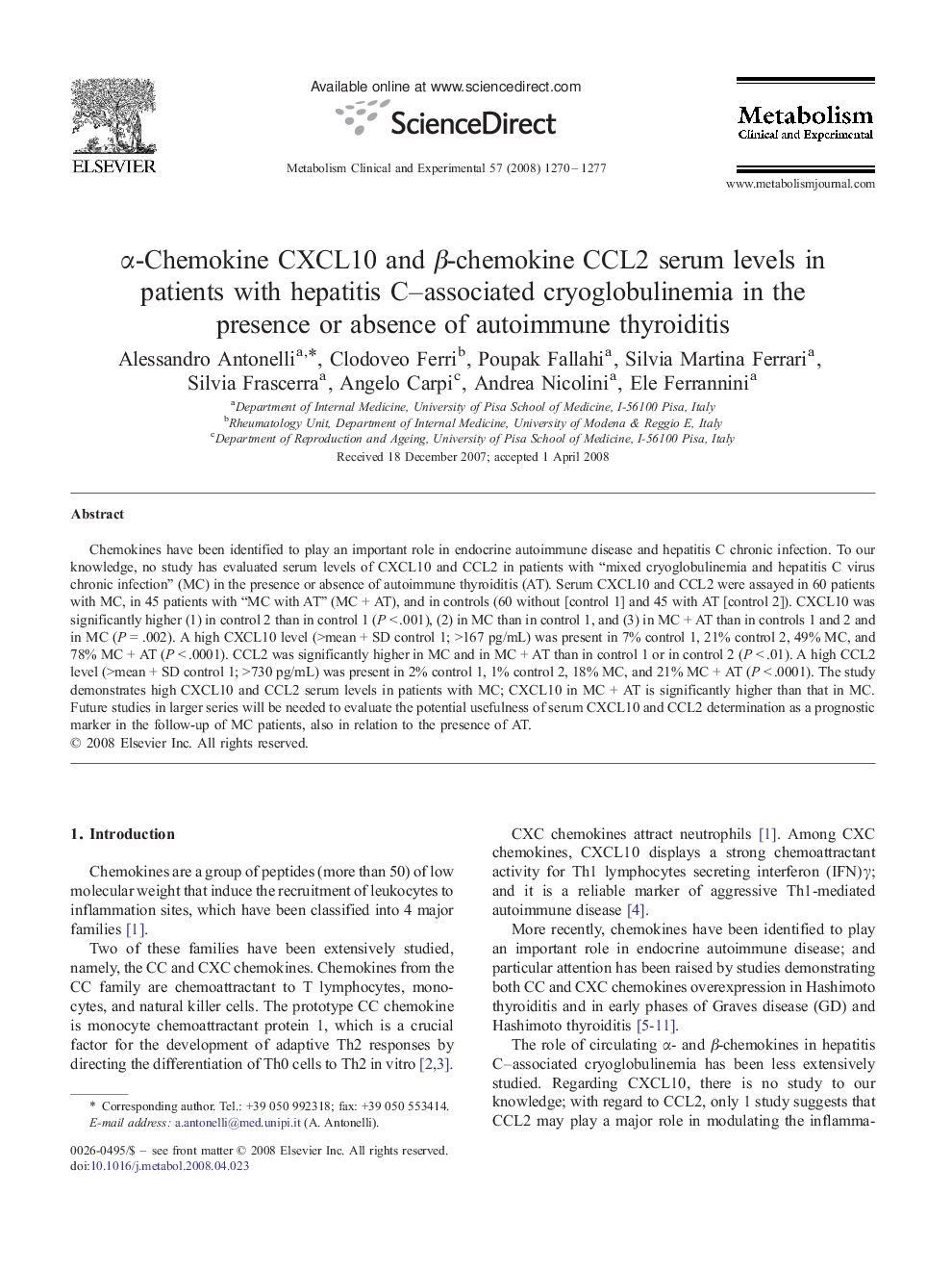 Î±-Chemokine CXCL10 and Î²-chemokine CCL2 serum levels in patients with hepatitis C-associated cryoglobulinemia in the presence or absence of autoimmune thyroiditis