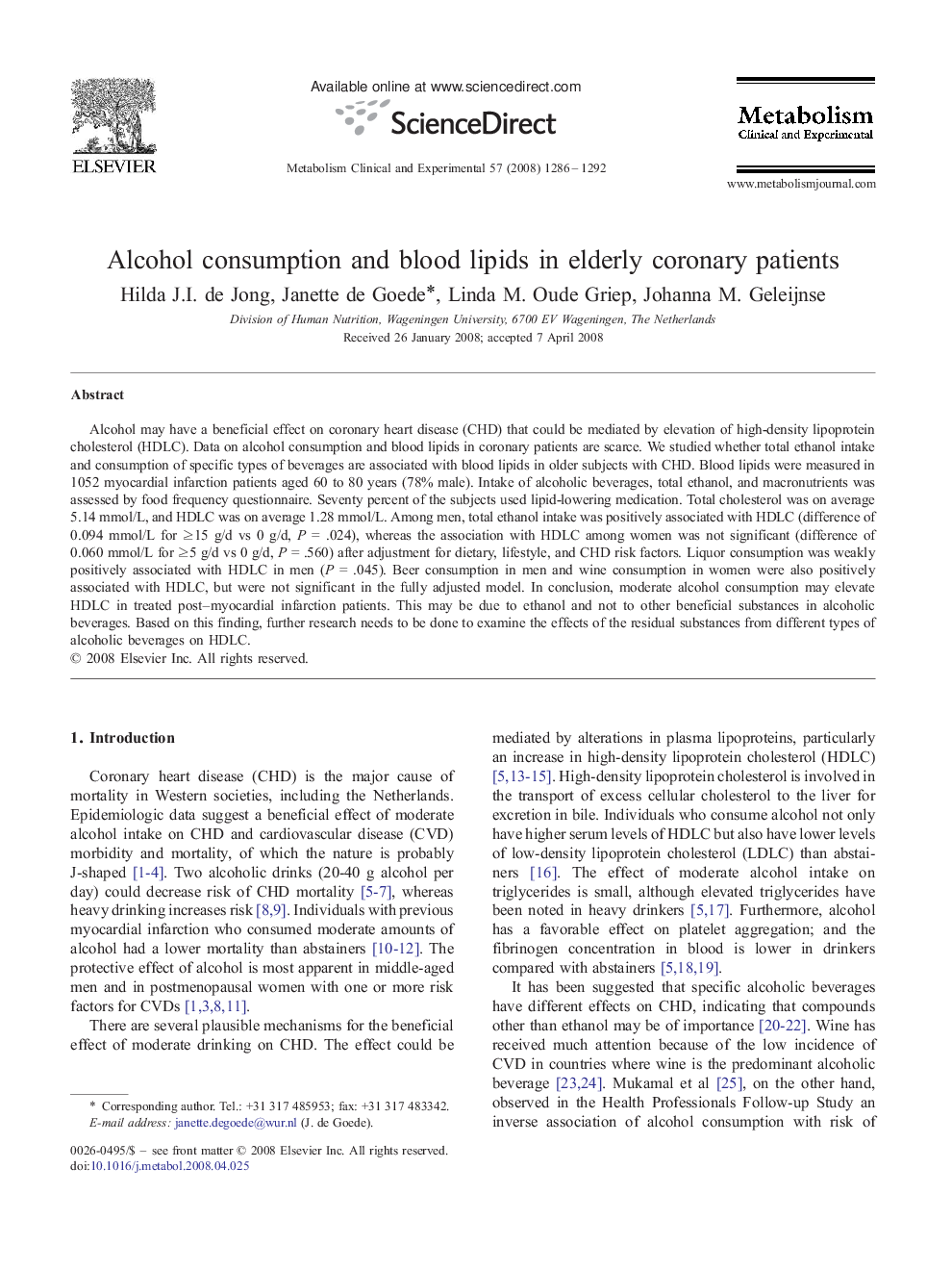 Alcohol consumption and blood lipids in elderly coronary patients