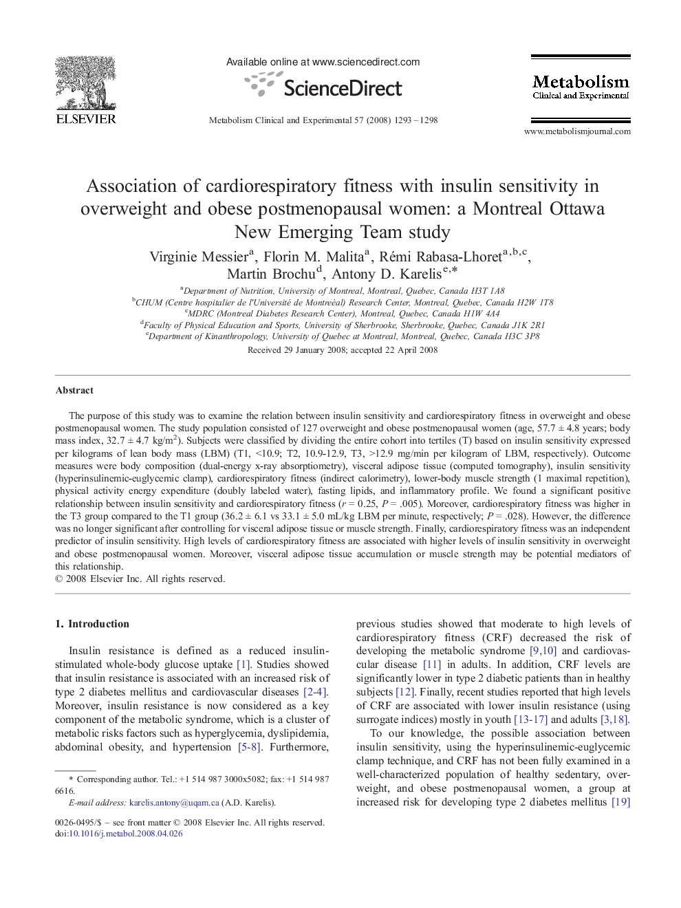 Association of cardiorespiratory fitness with insulin sensitivity in overweight and obese postmenopausal women: a Montreal Ottawa New Emerging Team study