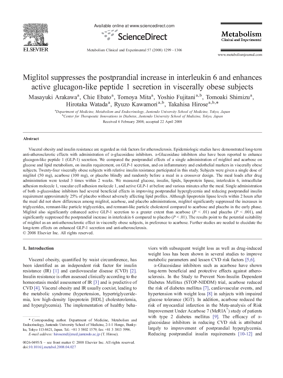 Miglitol suppresses the postprandial increase in interleukin 6 and enhances active glucagon-like peptide 1 secretion in viscerally obese subjects