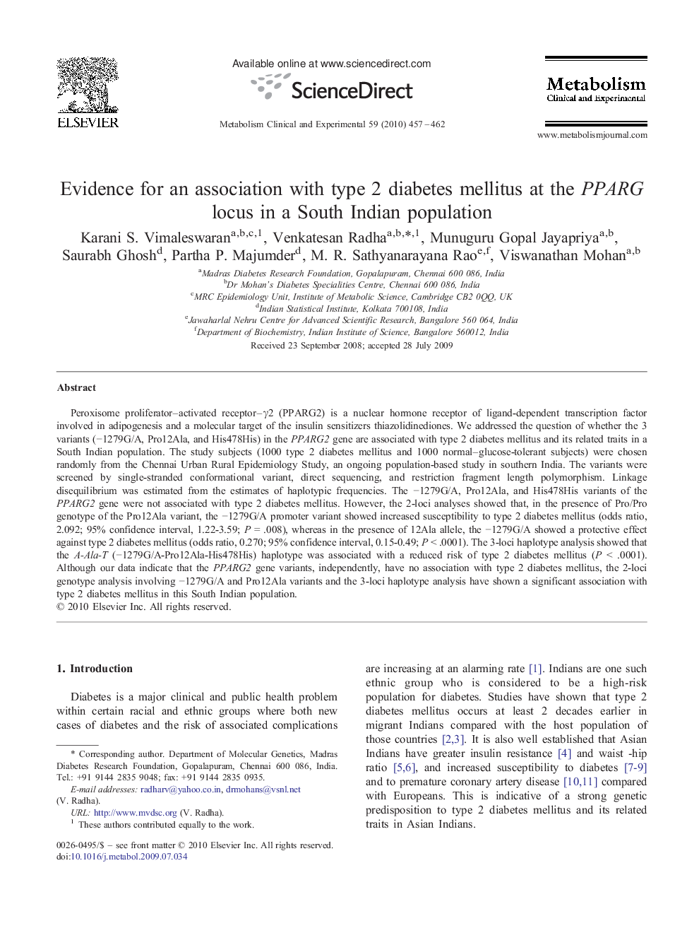 Evidence for an association with type 2 diabetes mellitus at the PPARG locus in a South Indian population
