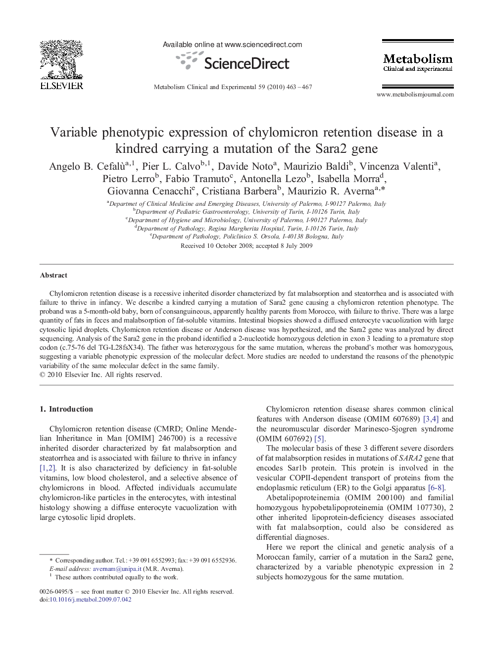 Variable phenotypic expression of chylomicron retention disease in a kindred carrying a mutation of the Sara2 gene