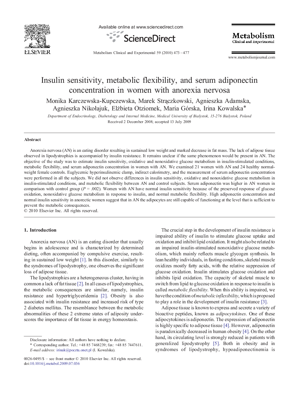 Insulin sensitivity, metabolic flexibility, and serum adiponectin concentration in women with anorexia nervosa 