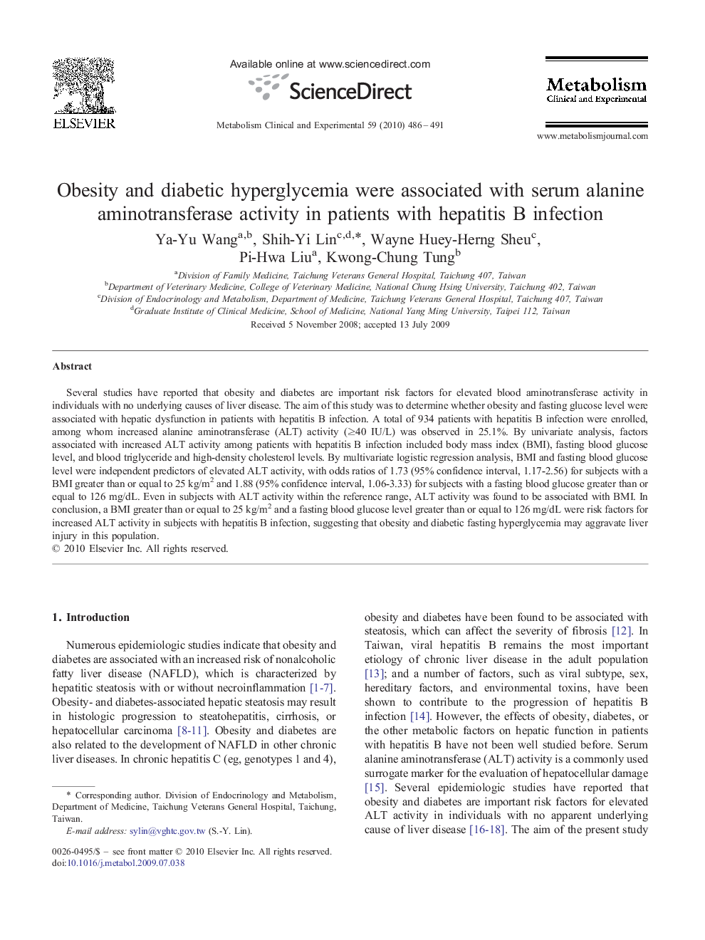 Obesity and diabetic hyperglycemia were associated with serum alanine aminotransferase activity in patients with hepatitis B infection
