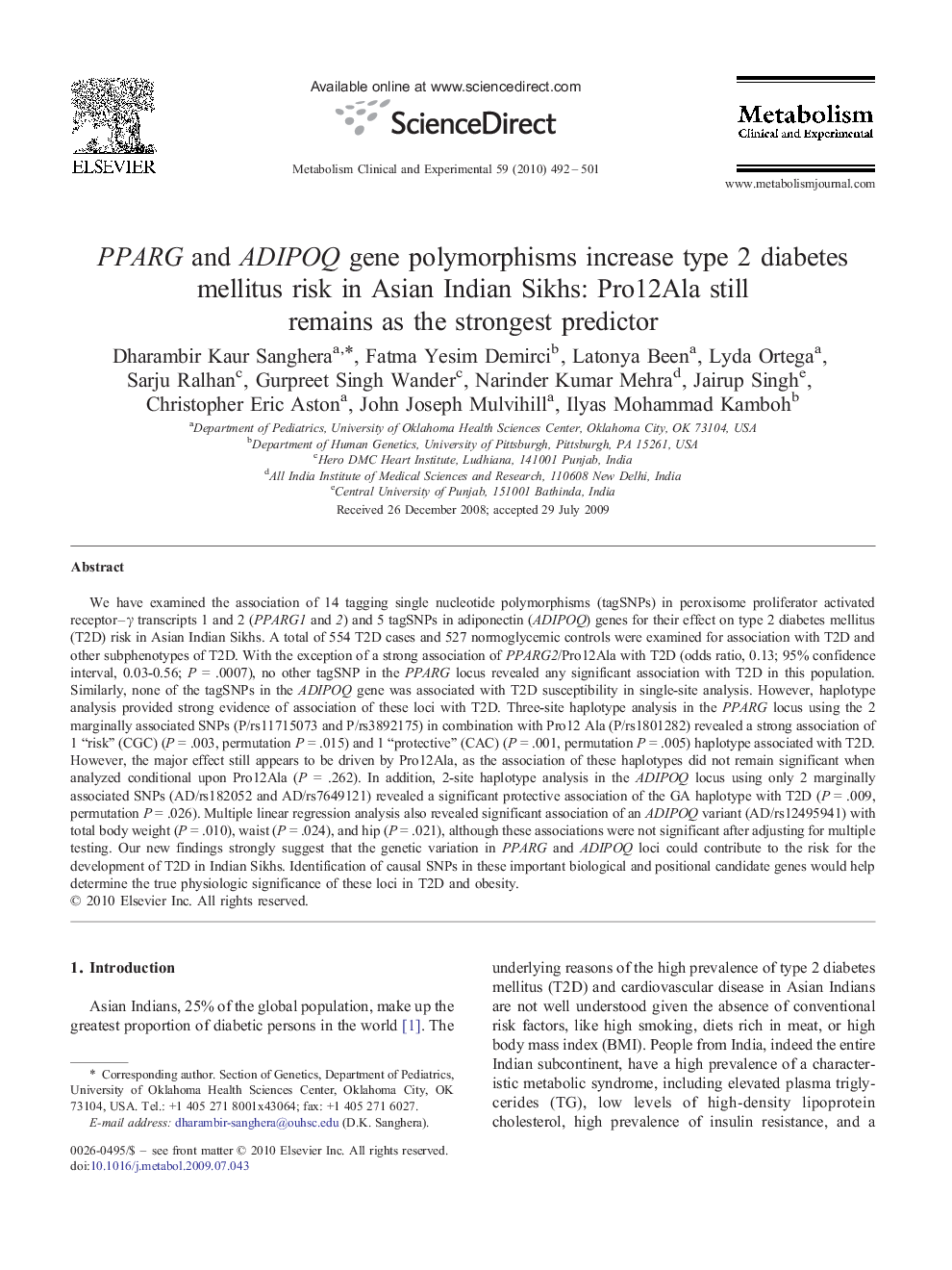 PPARG and ADIPOQ gene polymorphisms increase type 2 diabetes mellitus risk in Asian Indian Sikhs: Pro12Ala still remains as the strongest predictor