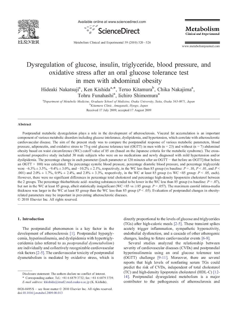 Dysregulation of glucose, insulin, triglyceride, blood pressure, and oxidative stress after an oral glucose tolerance test in men with abdominal obesity 