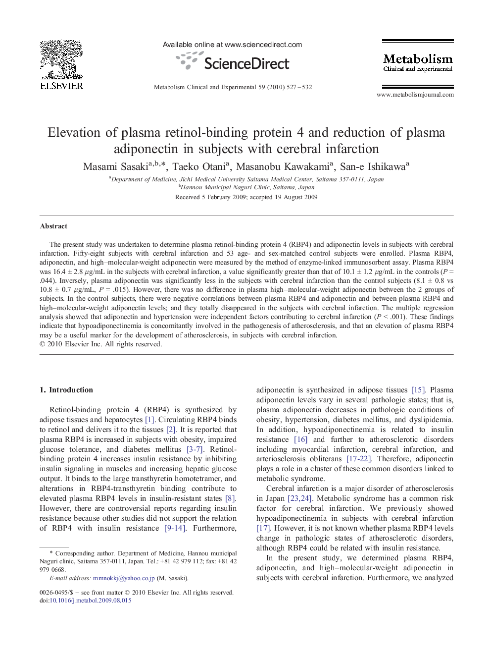 Elevation of plasma retinol-binding protein 4 and reduction of plasma adiponectin in subjects with cerebral infarction