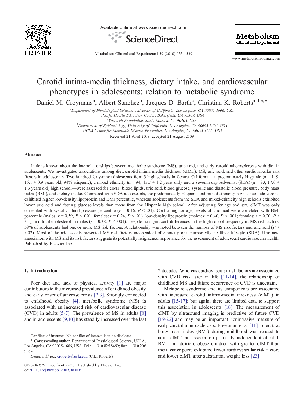Carotid intima-media thickness, dietary intake, and cardiovascular phenotypes in adolescents: relation to metabolic syndrome 