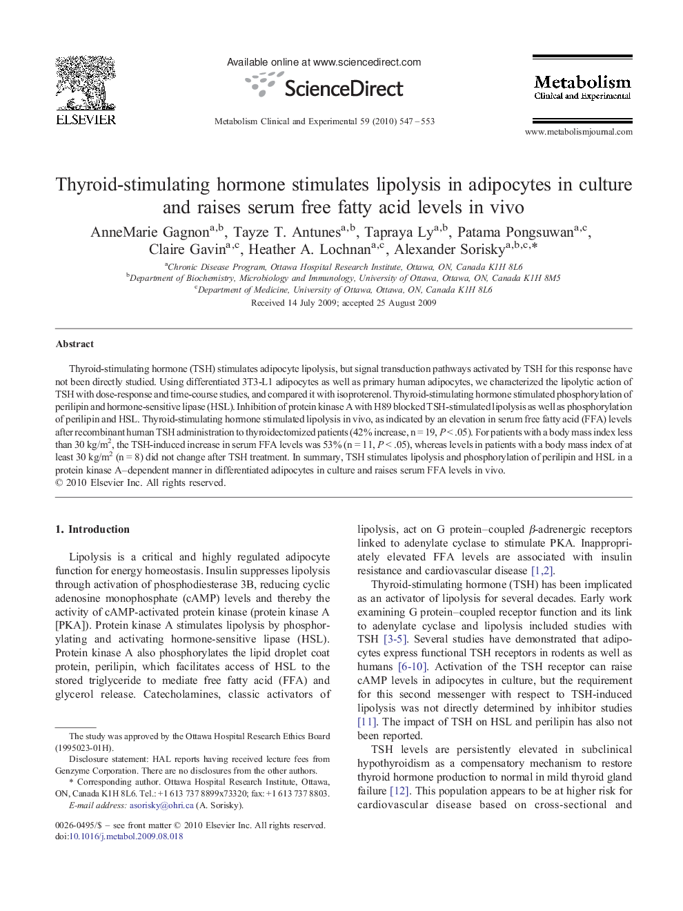 Thyroid-stimulating hormone stimulates lipolysis in adipocytes in culture and raises serum free fatty acid levels in vivo 