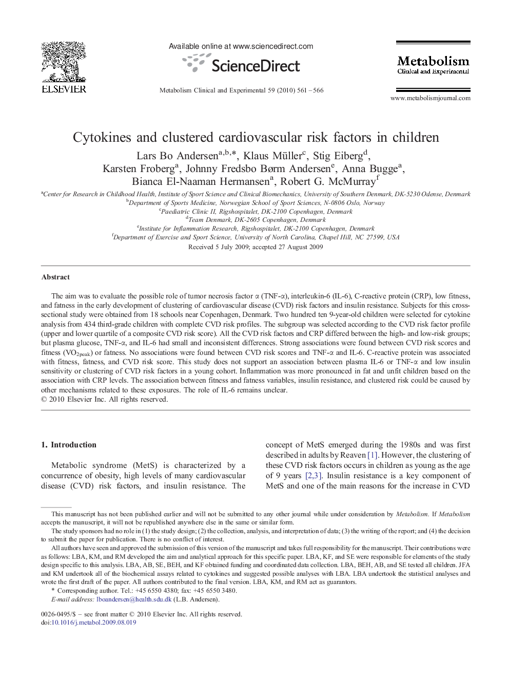 Cytokines and clustered cardiovascular risk factors in children 