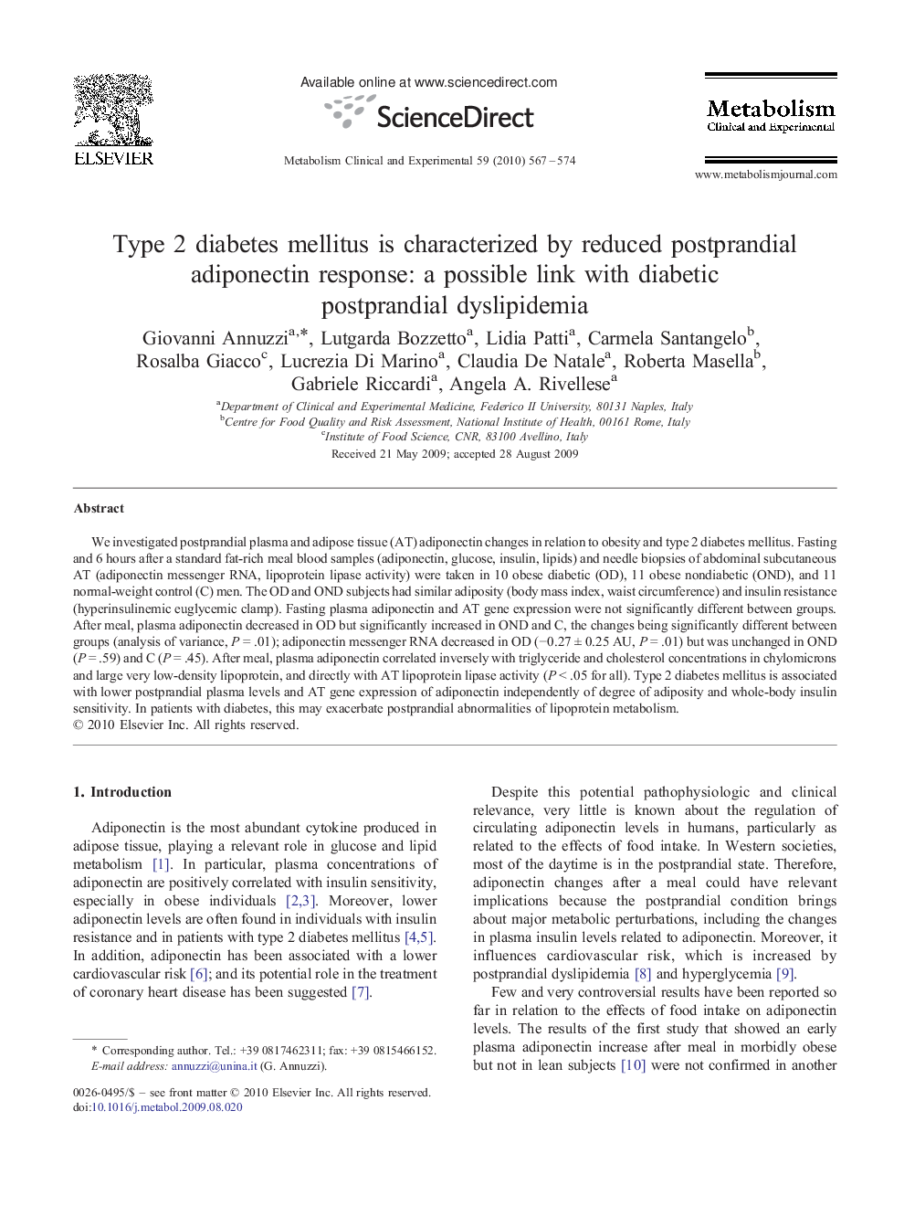 Type 2 diabetes mellitus is characterized by reduced postprandial adiponectin response: a possible link with diabetic postprandial dyslipidemia
