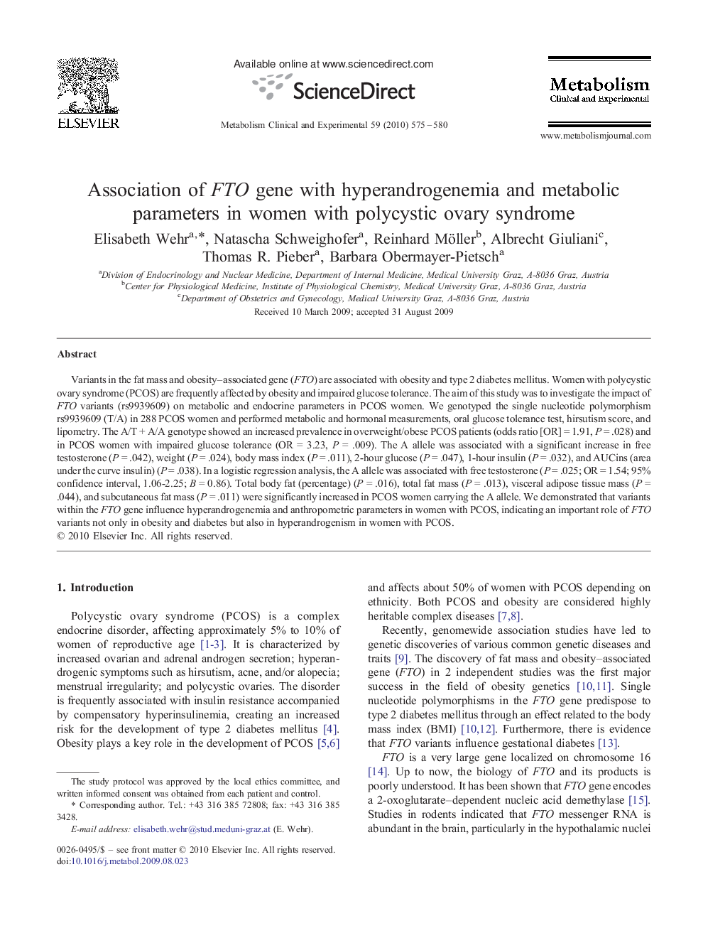 Association of FTO gene with hyperandrogenemia and metabolic parameters in women with polycystic ovary syndrome 