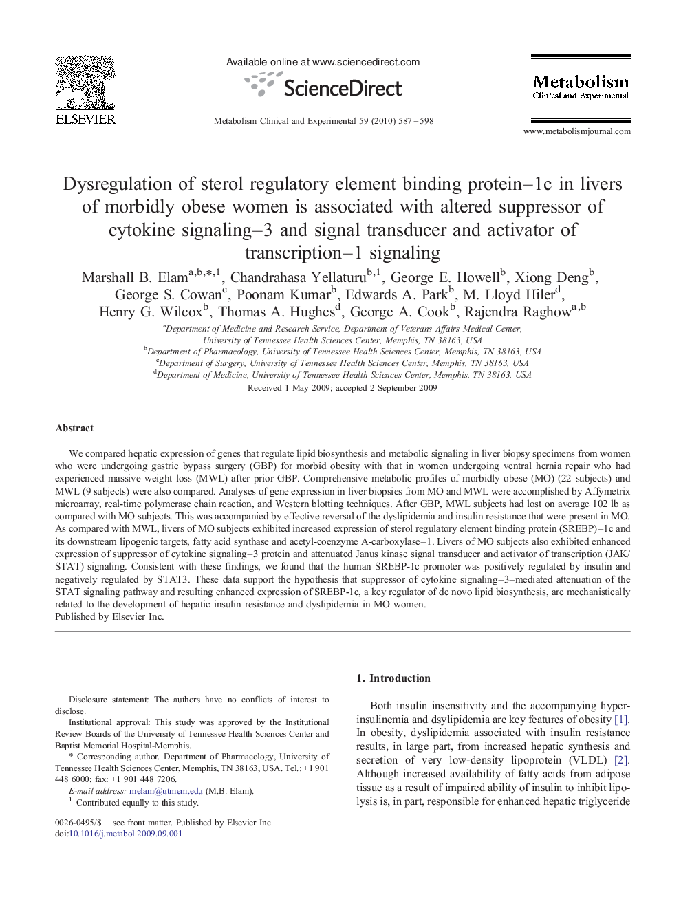 Dysregulation of sterol regulatory element binding protein–1c in livers of morbidly obese women is associated with altered suppressor of cytokine signaling–3 and signal transducer and activator of transcription–1 signaling 