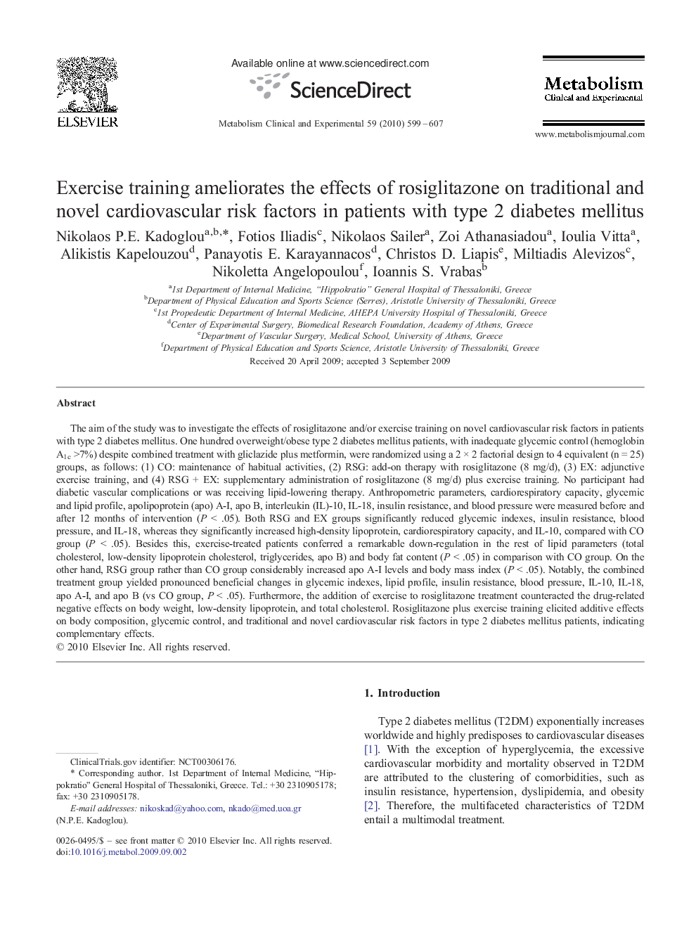 Exercise training ameliorates the effects of rosiglitazone on traditional and novel cardiovascular risk factors in patients with type 2 diabetes mellitus 