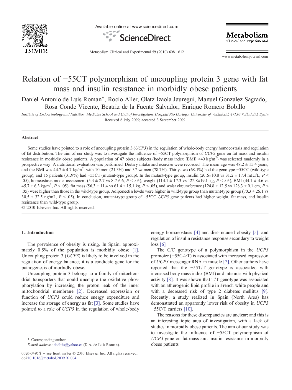 Relation of â55CT polymorphism of uncoupling protein 3 gene with fat mass and insulin resistance in morbidly obese patients
