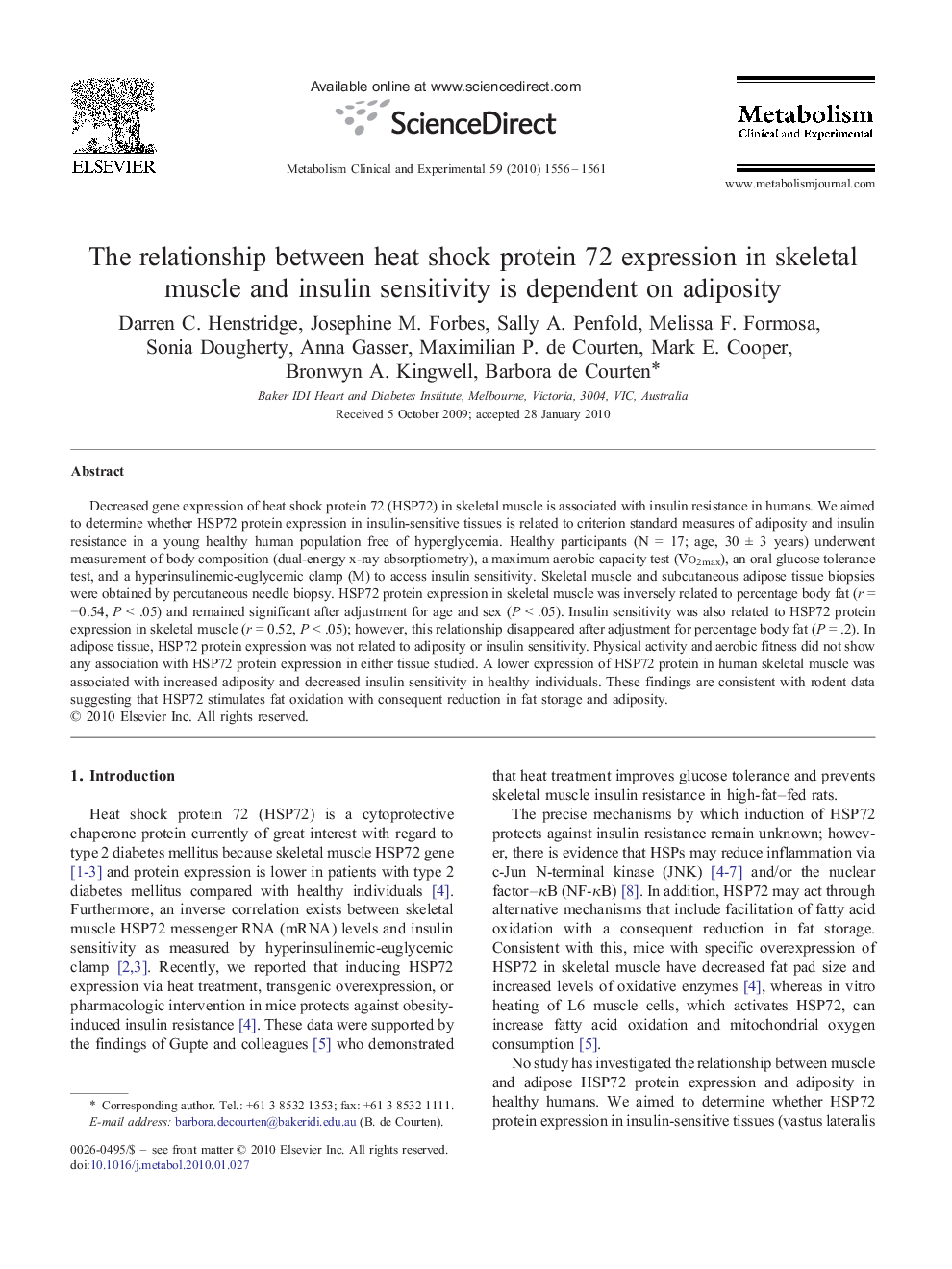 The relationship between heat shock protein 72 expression in skeletal muscle and insulin sensitivity is dependent on adiposity