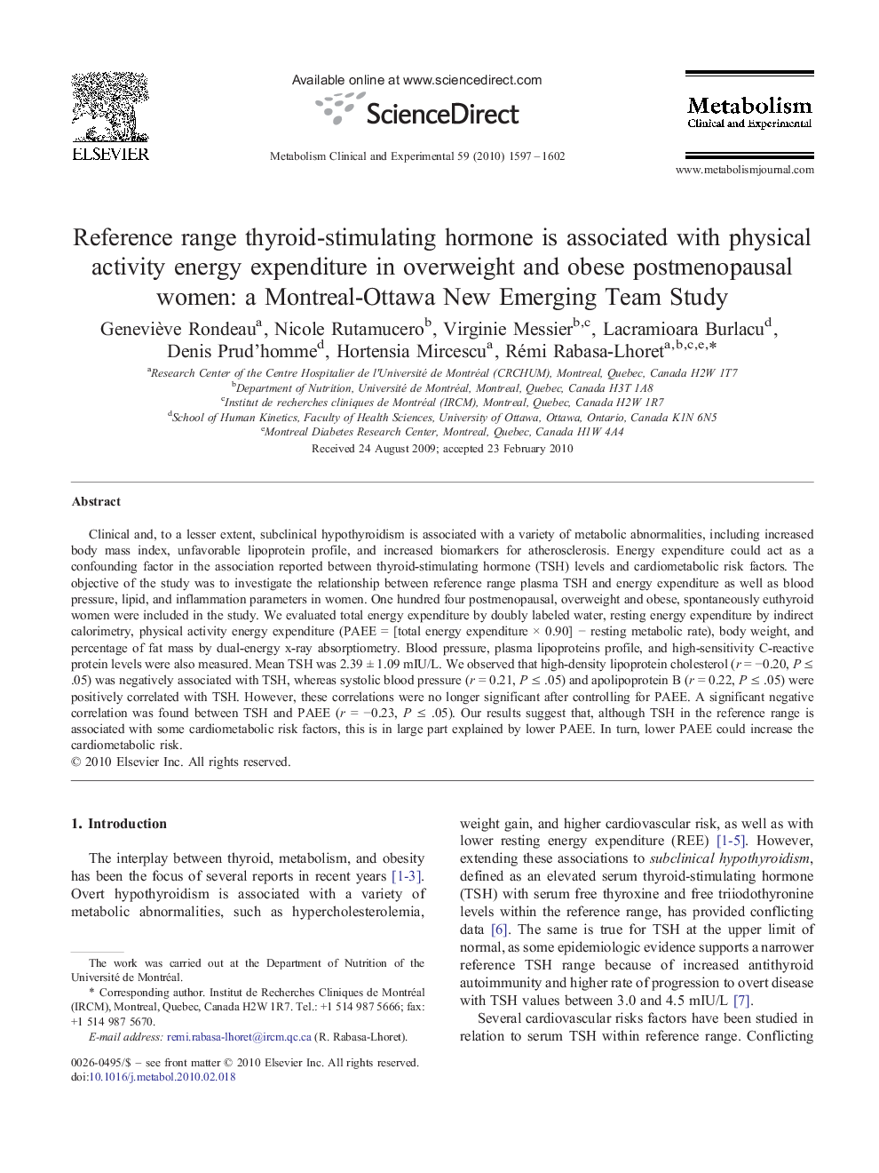Reference range thyroid-stimulating hormone is associated with physical activity energy expenditure in overweight and obese postmenopausal women: a Montreal-Ottawa New Emerging Team Study