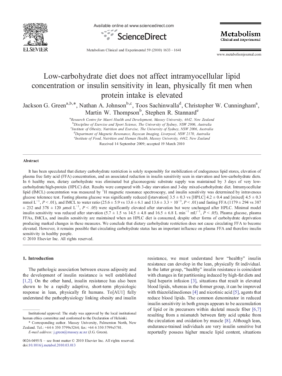 Low-carbohydrate diet does not affect intramyocellular lipid concentration or insulin sensitivity in lean, physically fit men when protein intake is elevated 