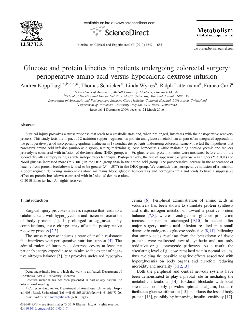 Glucose and protein kinetics in patients undergoing colorectal surgery: perioperative amino acid versus hypocaloric dextrose infusion 