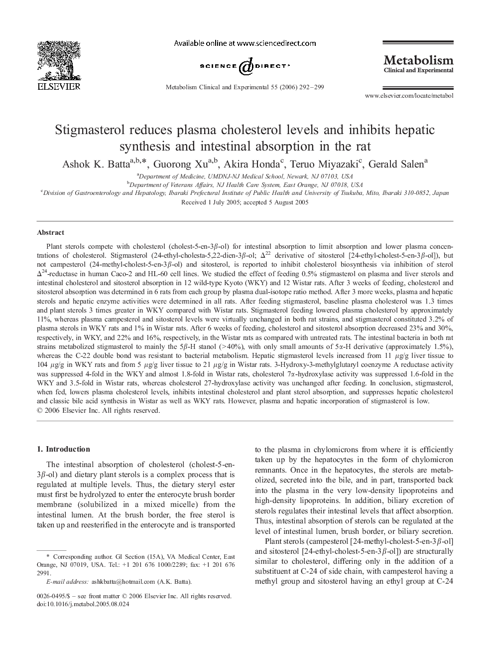 عکس صفحه اول مقاله: Stigmasterol reduces plasma cholesterol levels and inhibits hepatic synthesis and intestinal absorption in the rat Stigmasterol reduces plasma cholesterol levels and inhibits hepatic synthesis and intestinal absorption in the rat