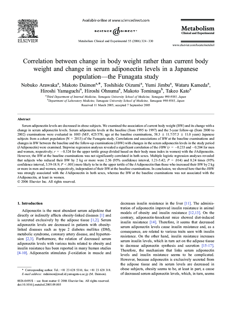 عکس صفحه اول مقاله: Correlation between change in body weight rather than current body weight and change in serum adiponectin levels in a Japanese population—the Funagata study Correlation between change in body weight rather than current body weight and change in serum adiponectin levels in a Japanese population—the Funagata study