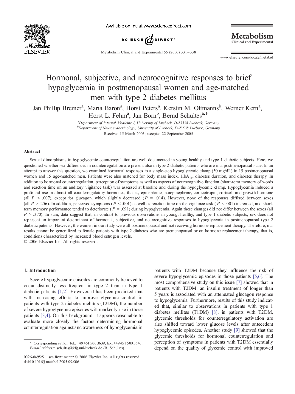 Hormonal, subjective, and neurocognitive responses to brief hypoglycemia in postmenopausal women and age-matched men with type 2 diabetes mellitus