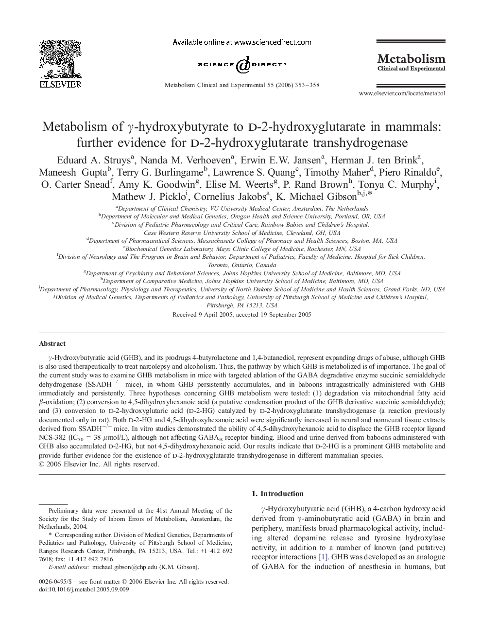 Metabolism of γ-hydroxybutyrate to d-2-hydroxyglutarate in mammals: further evidence for d-2-hydroxyglutarate transhydrogenase