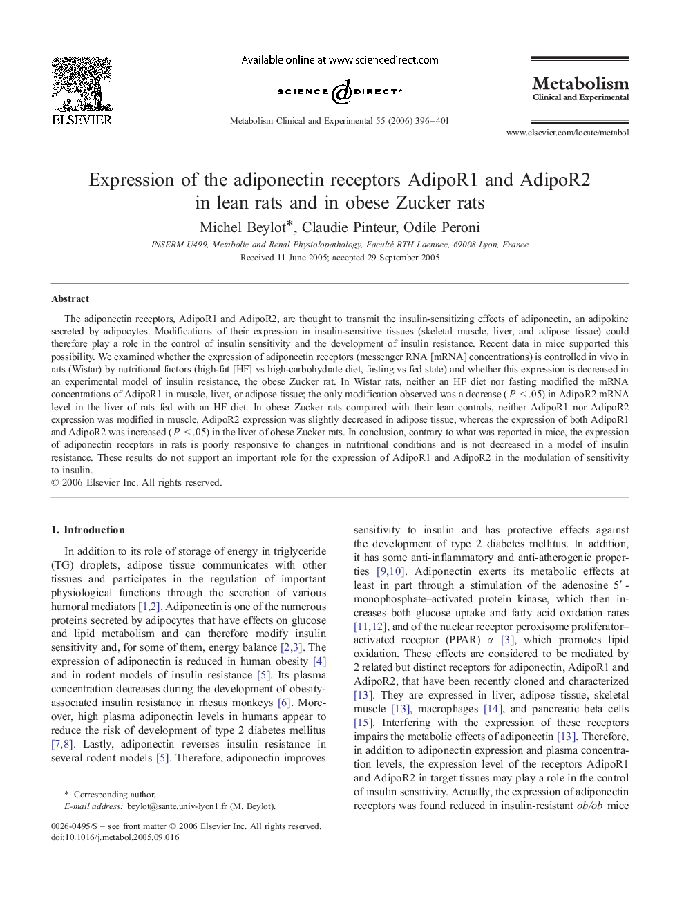 Expression of the adiponectin receptors AdipoR1 and AdipoR2 in lean rats and in obese Zucker rats