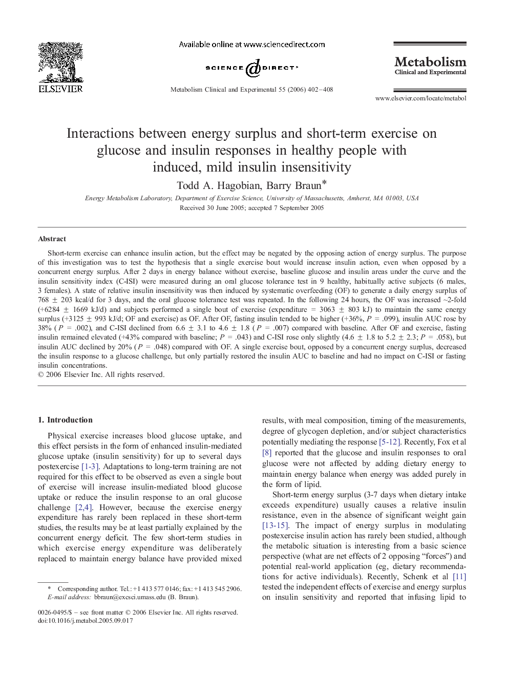 Interactions between energy surplus and short-term exercise on glucose and insulin responses in healthy people with induced, mild insulin insensitivity