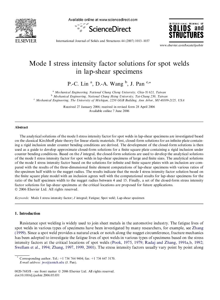 Mode I stress intensity factor solutions for spot welds in lap-shear specimens