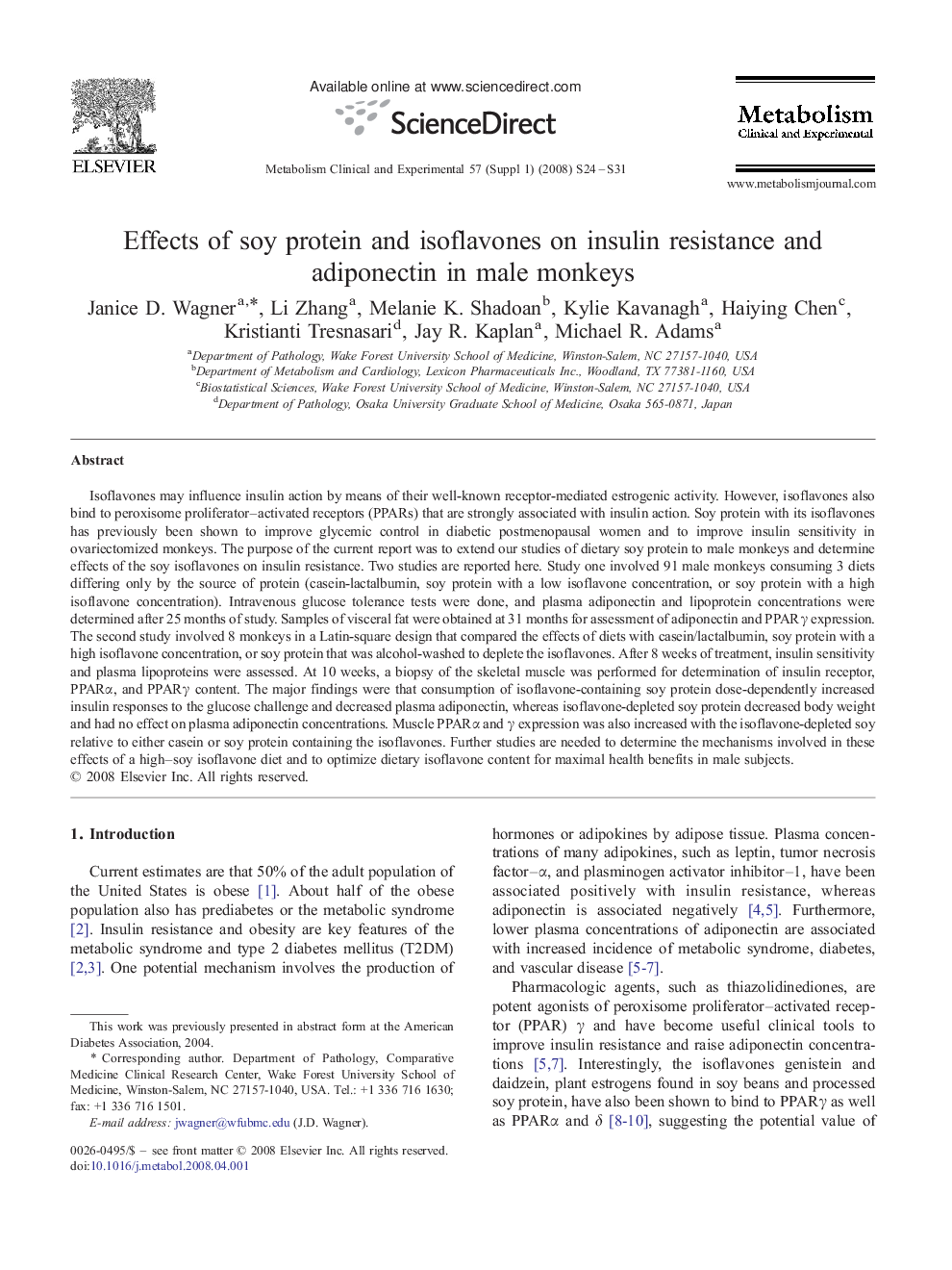 Effects of soy protein and isoflavones on insulin resistance and adiponectin in male monkeys 
