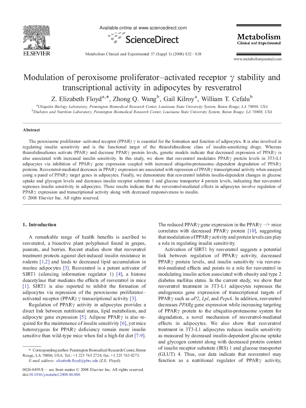 Modulation of peroxisome proliferator–activated receptor γ stability and transcriptional activity in adipocytes by resveratrol