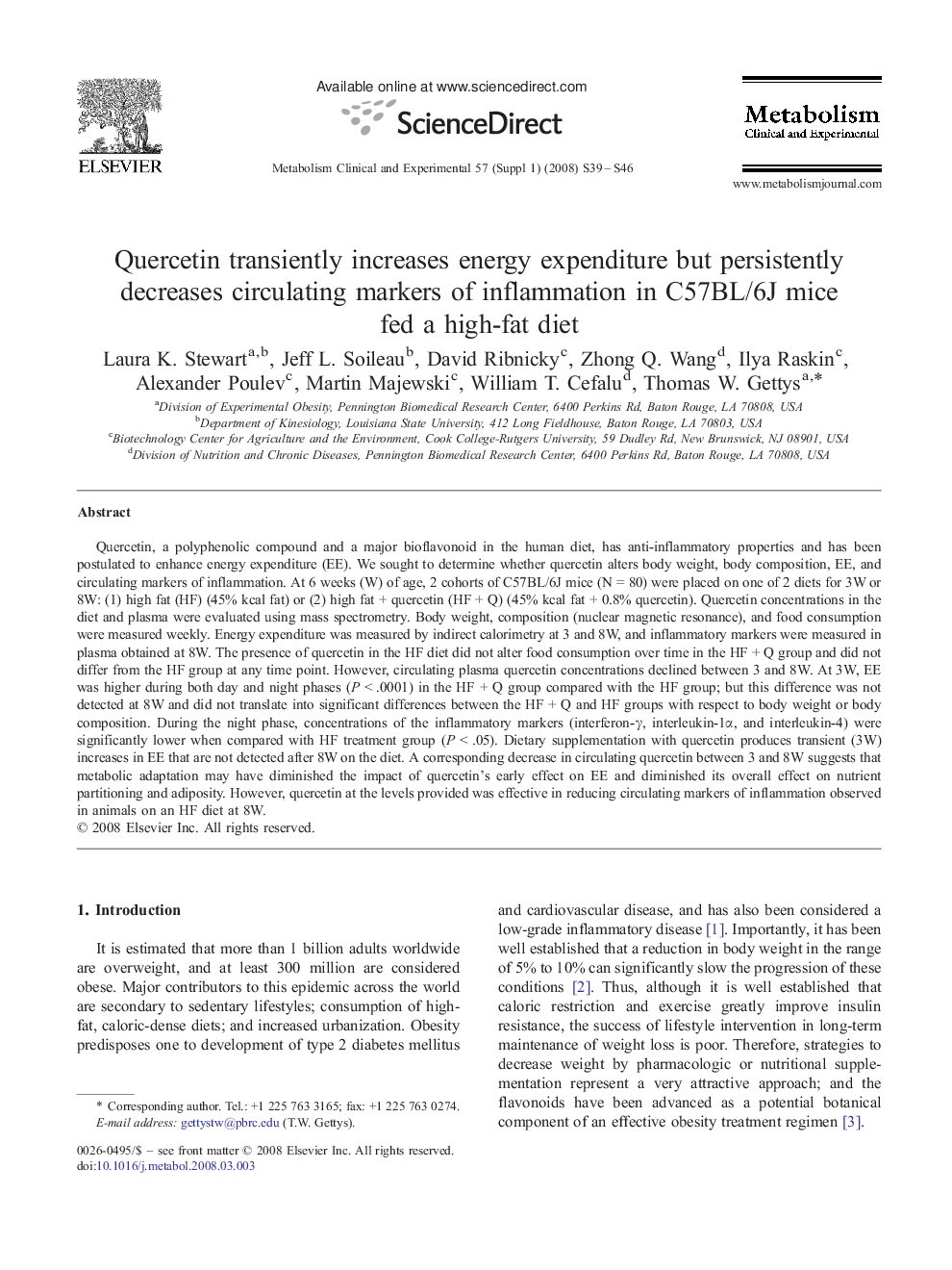 Quercetin transiently increases energy expenditure but persistently decreases circulating markers of inflammation in C57BL/6J mice fed a high-fat diet