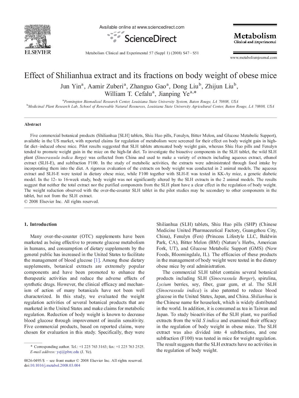 Effect of Shilianhua extract and its fractions on body weight of obese mice