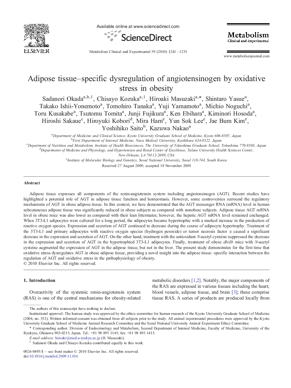 Adipose tissue–specific dysregulation of angiotensinogen by oxidative stress in obesity 